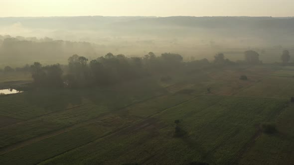 Early morning fog and sunlight 4K drone video
