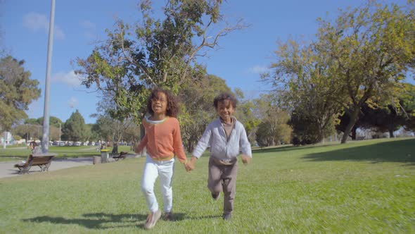 Happy African American Friends Holding Hands and Running on Lawn