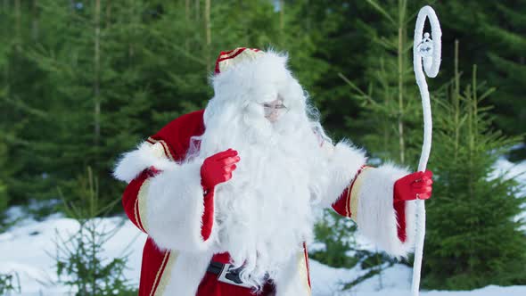 Santa Claus arranging his glasses and gloves alt