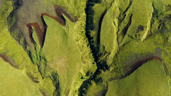 Flying Over the Lava Flows and Green Moss of  Eyjafjallajokull Volcano in Iceland