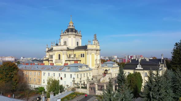 Aerial Video of Saint Yura Church in Central Part of Old City of Lviv, Ukraine