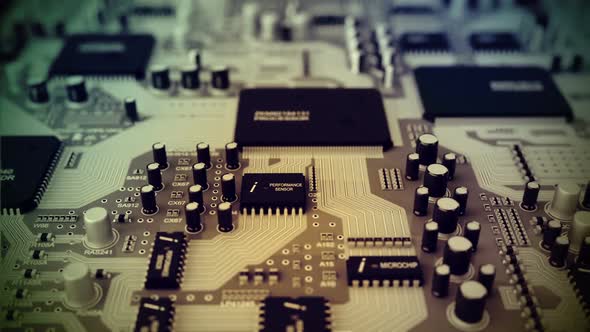 Circuit motherboard with processor and complex electronics, chips, semiconductor