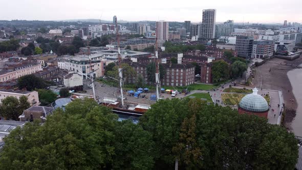 Drone View of the Waterfront in London with the Monument Ship