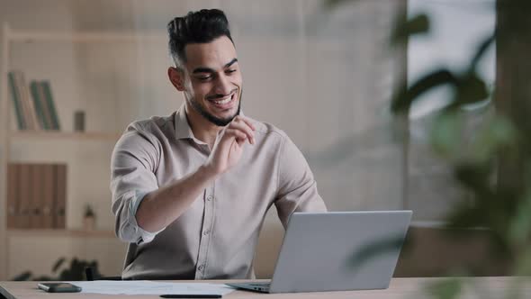 Happy Satisfied Arab Man Worker Businessman Hispanic Guy Finished Work Task on Computer Sit at Home