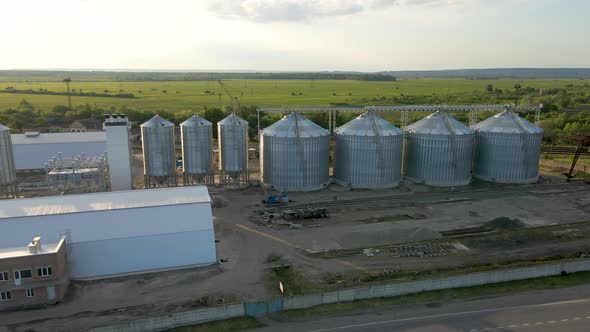 Aerial View of Industrial Ventilated Silos for Long Term Storage of Grain and Oilseed