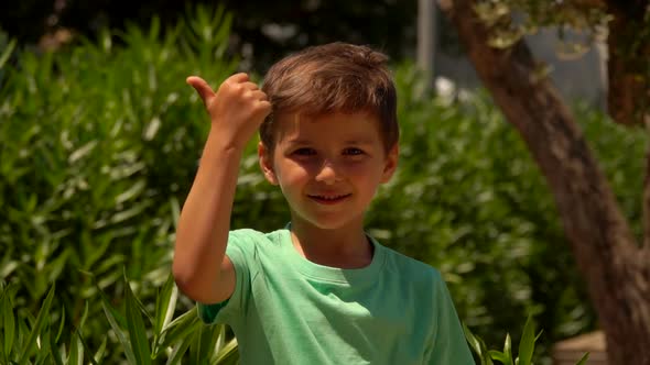 The Little Boy in Green Tshirt Counts on His Fingers on the Sunny Summer Day