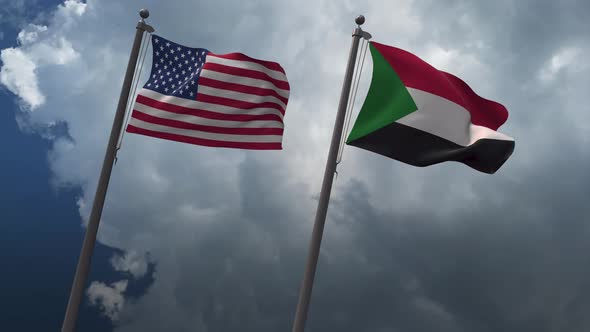 Waving Flags Of The United States And The  Sudan 4K