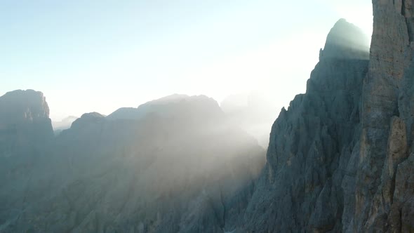 Drone Flying Near Vajolet Towers Mountain in Dolomites Italy