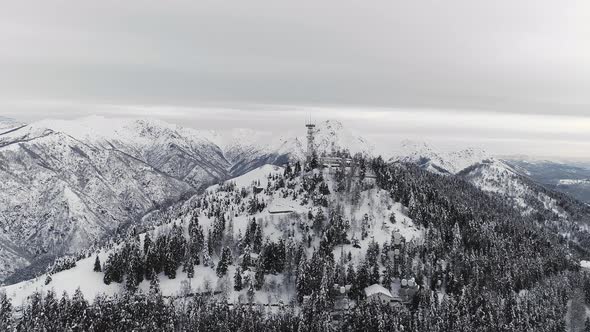 Aerial View of Snow Capped Mountain Range and Dark Tree Forest