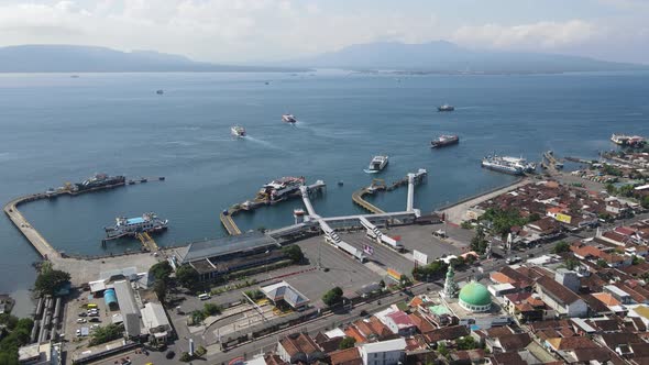 Aerial view of Port in Banyuwangi Indonesia with ferry in Bali Ocean