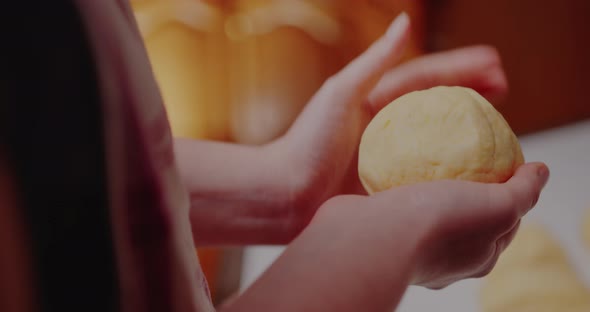 Woman Kneading Dough Making Bread Using Traditional Recipe