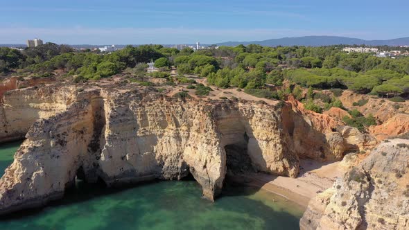 Delightful Aerial View of Portuguese Rocky Beaches Near the City of Portimao