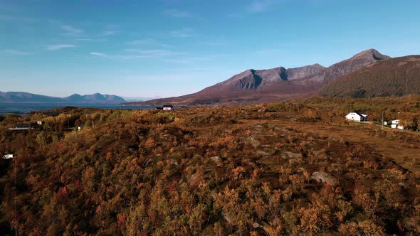 Scenic Village During Autumn Season With Mountains Backdrop In Senja Island, Norway. Aerial