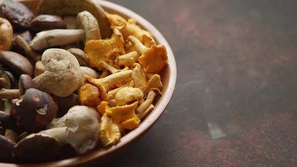 Raw and Fresh Forest Various Mushrooms in Bowl Standing on Rusty Table.