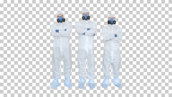 Three doctors in protective clothes fold, Alpha Channel
