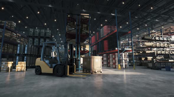 Huge Distribution Warehouse With High Shelves And Loader