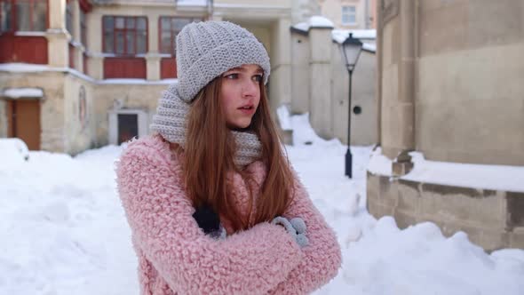 Woman Tourist Showing Negative Emotions Hate Rage Upset Stress While Standing Outdoor in Winter