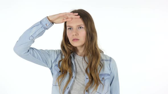 Searching Young Woman Gesture, White Background