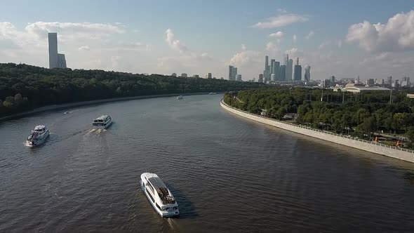 The Summer Moskva River with Many Ships