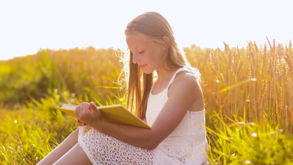Smiling Young Girl Reading Book on Cereal Field