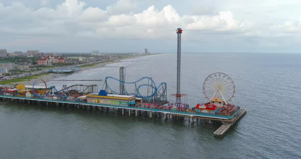 Aerial view of Pier off the coastal area of Galveston Island Texas