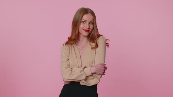 Cheerful Lovely Businesswoman Girl Fashion Model in Beige Blouse Smiling and Looking at Camera