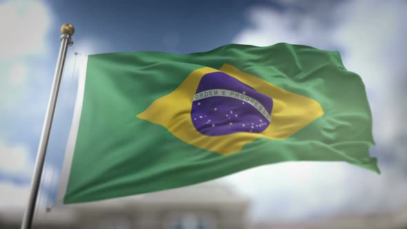 Brazil Flag Waving Slow Motion Blue Sky Background Seamless Loop