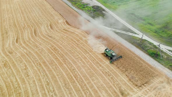 Combine Harvesting Grain and Drives Near the Road