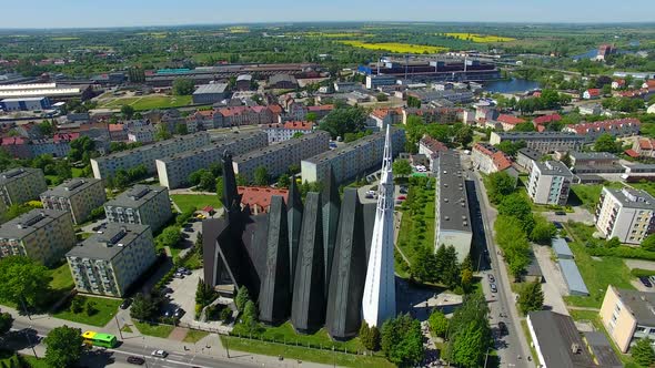 Aerial view of the Church of the Mother of God - queen of Poland in Elblag town