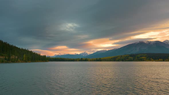 Pan Right of Pyramid Lake at Sunset in Jasper National Park Canada