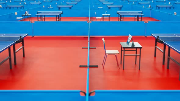 Table tennis arena.Tracking view of ping pong tables ready to play. Table layout