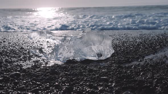 Surf on Diamond Beach Near Glacier Lagoon of Iceland