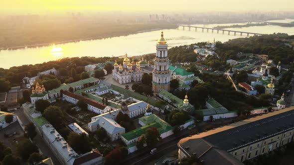 Kyiv, Ukraine: Aerial View of Kyiv-Pechersk Lavra in the Morning at Sunrise.