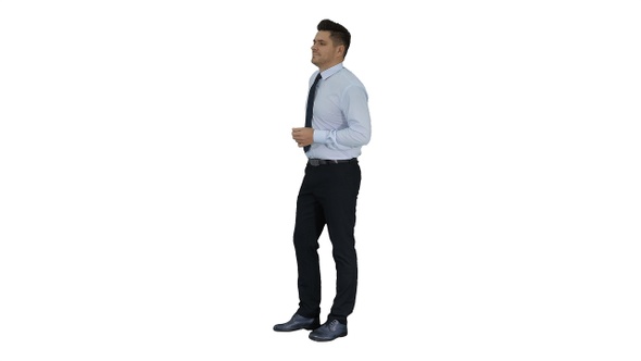 Businessman is counting money on white background.