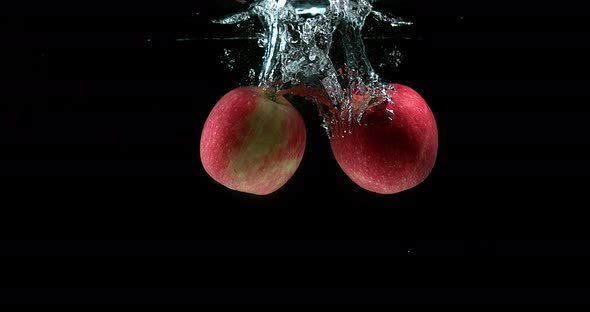 Apples, malus domestica, Fruits entering Water against Black Background, Slow Motion 4K