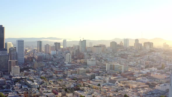 Aerial: Beautiful cityscape and Coit tower view part 01, drone view