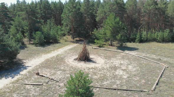 Folded Large Logs for the Fire in the Forest. The Fire Is Prepared for the Fire. Big Bonfire