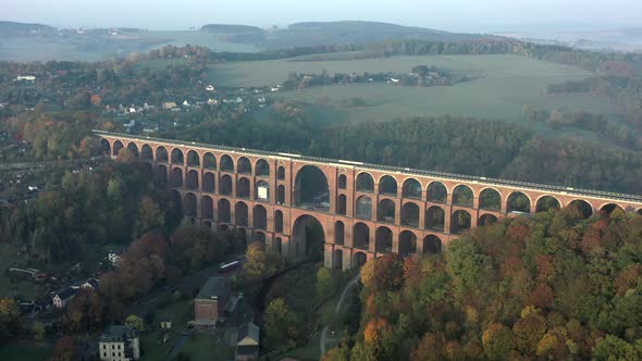 Goltzsch Brick Viaduct in Germany on a Foggy Autumnal Morning Aerial View