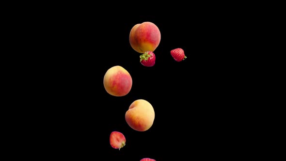 Peaches and Halves of Strawberries Falling on a Black Background