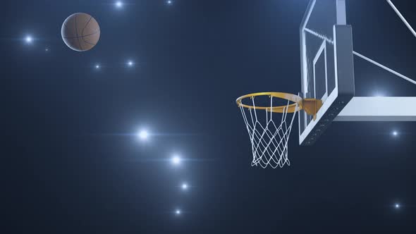 Basketball Hit the Basket in Slow Motion on the Background of Flashes of Cameras alt