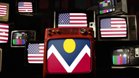 Flag of Denver and USA Flags on Retro TVs.