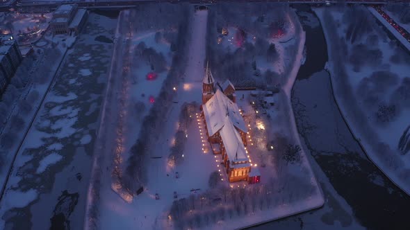 Aerial view of the Cathedral in Kaliningrad in the winter