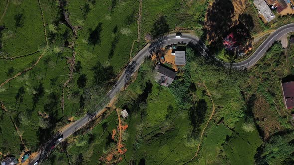 Aerial view of houses in countryside near Nuwara Eliya, Sri Lanka