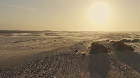 Pickups drive offroad exploring windy Brazil sand dunes in golden sunset; drone