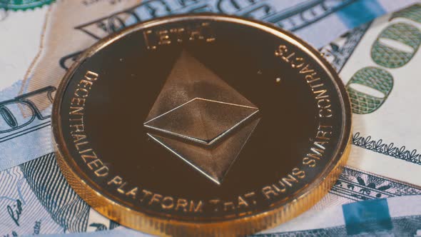 Gold Ethereum Coin, ETH and Bills of Dollars Are Rotating