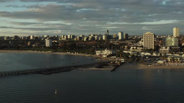 Beautiful Sunset Drone Footage of St Kilda Beach Melbourne City Australia