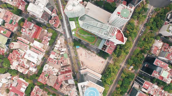 Cinematic Top Down View of Central Square in Modern District of Mexico City, 