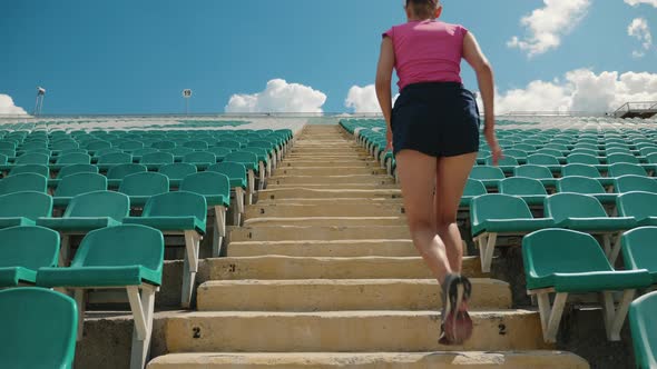 Rear View of a Girl Running Upstairs at a Stadium