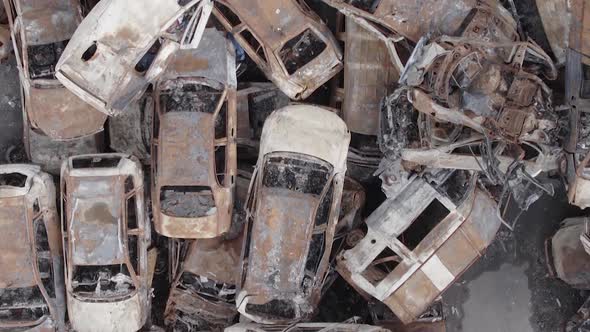 Vertical Video of a Dump of Destroyed Cars During the War in Ukraine