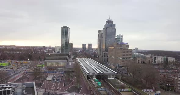 Aerial: Overcast morning over Amstel Station in Amsterdam